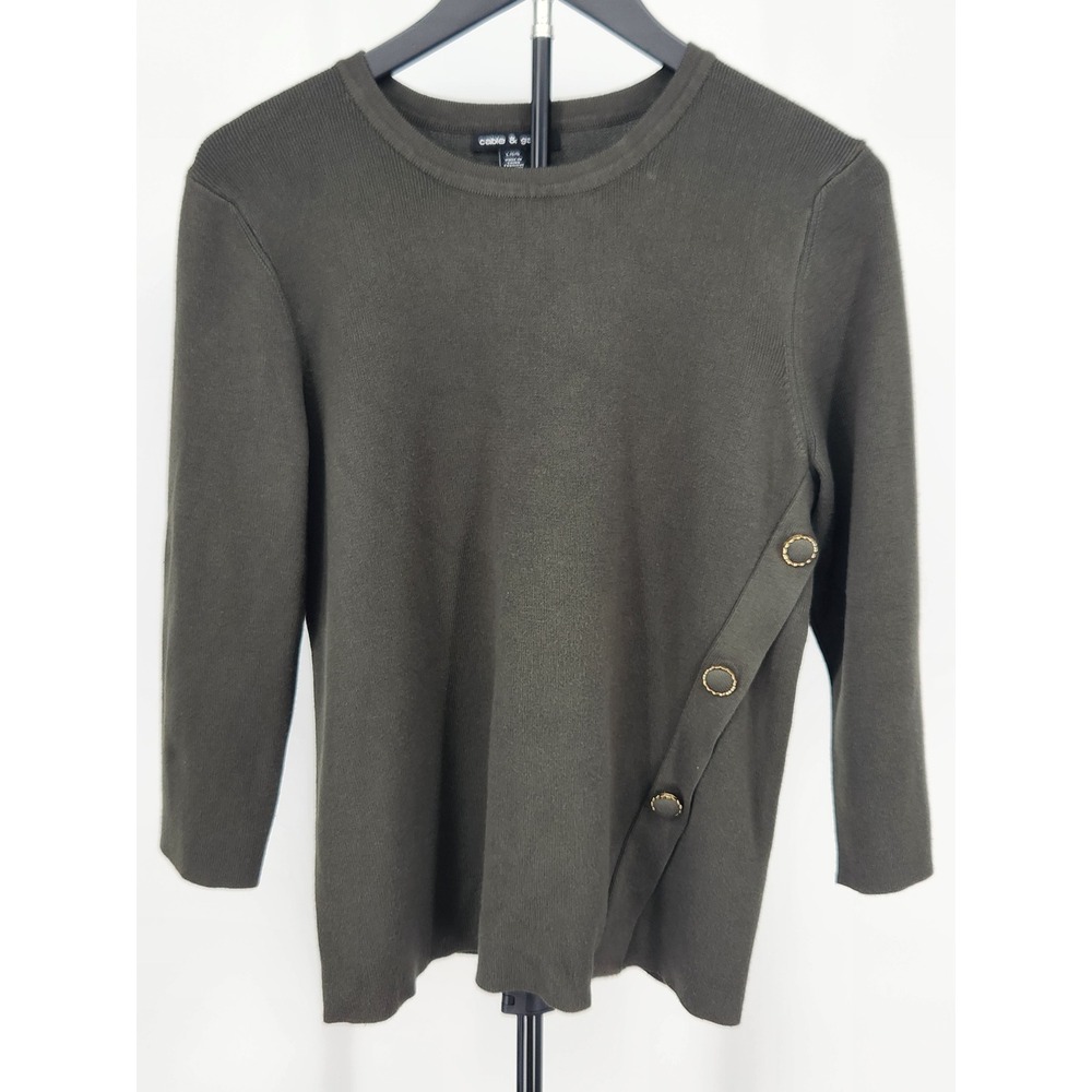 Cable & Gauge Womens Olive Green 3/4 Sleeve Side Button Knit Sweater Size Large